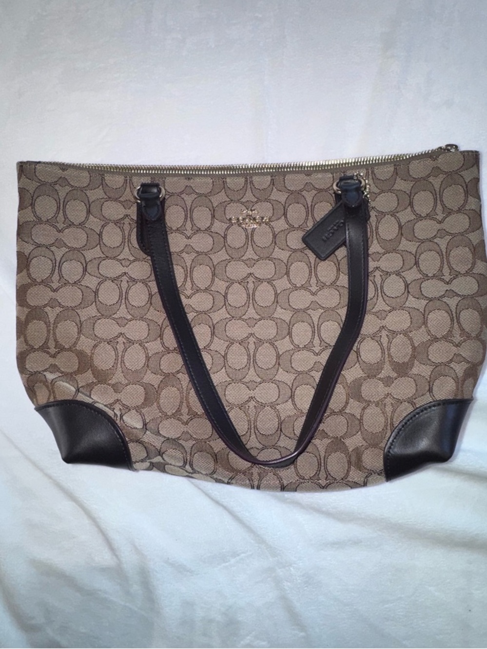 Coach Signature Zip Tote Khaki Brown Canvas Leather Trim Shoulder Bag Large - Picture 7 of 12